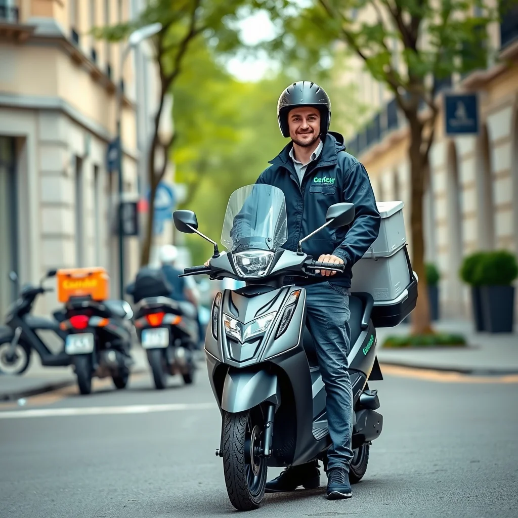 Bonn şehrinde motorlu kurye olarak çalışan bir sürücü motosikletiyle sipariş teslimatı yapıyor.