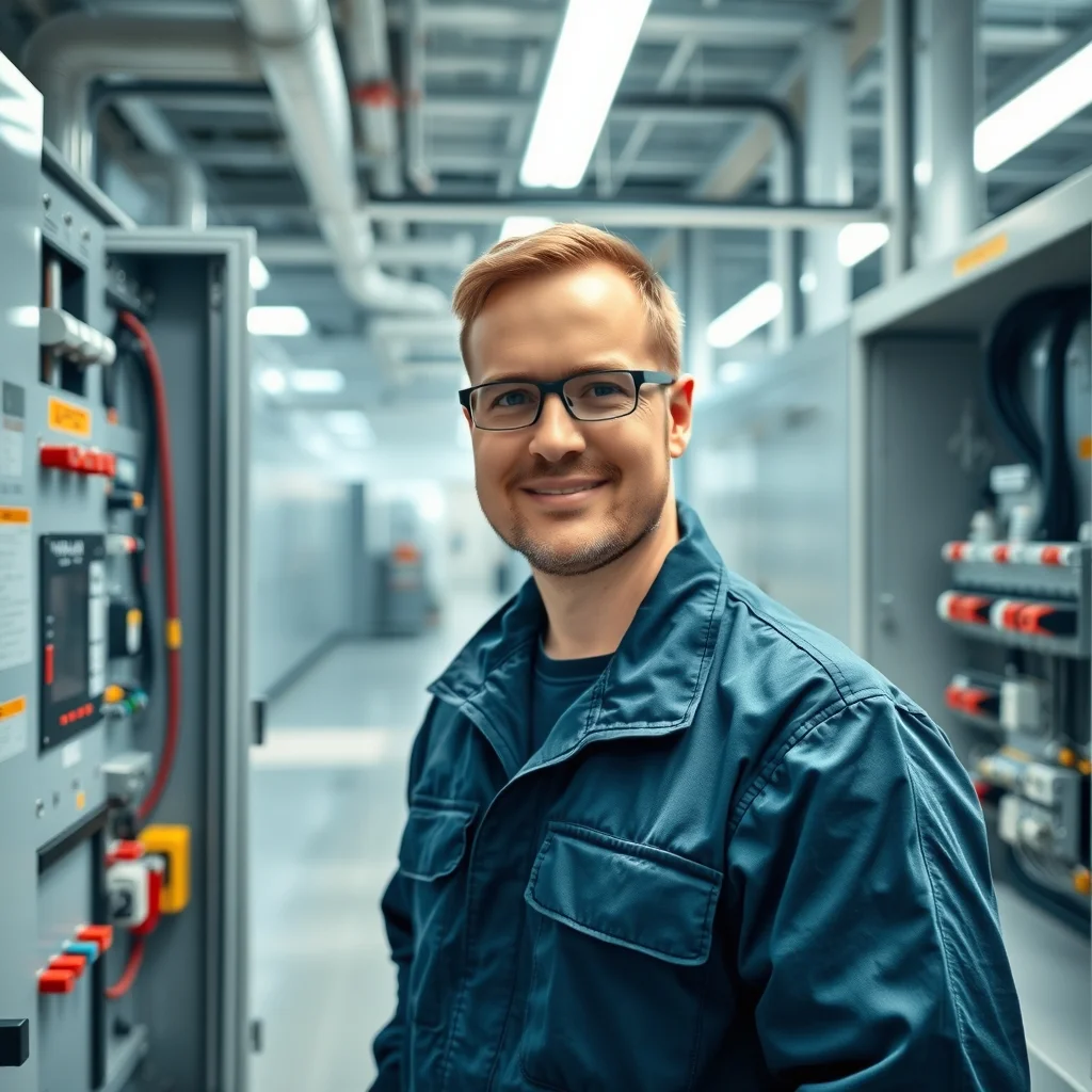 Bremen'de modern bir panoda çalışan erkek elektrik teknikeri kablo bağlantılarını kontrol ediyor.