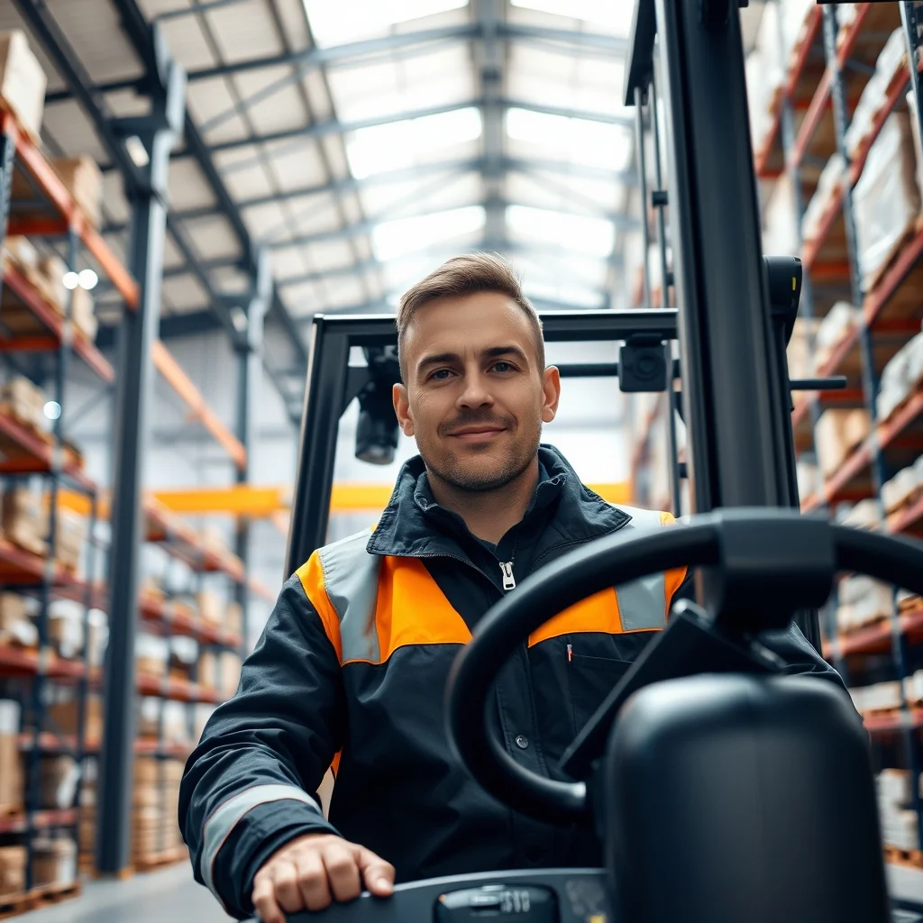 Dortmund kentinde modern bir lojistik deposunda forklift operatörü paletleri düzenliyor.