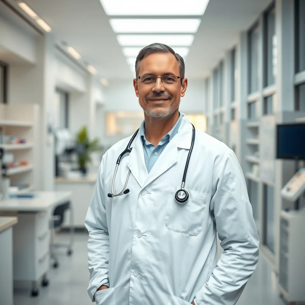 Dortmund'da bir hastanede çalışan uzman doktor stetoskopuyla dururken aylık net gelir tablolarını inceliyor.