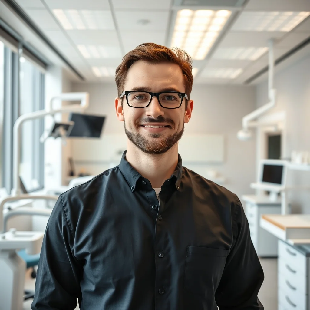 Dresden kentinde modern bir klinikte çalışan erkek diş hekimi muayene ekipmanlarını kontrol ediyor.