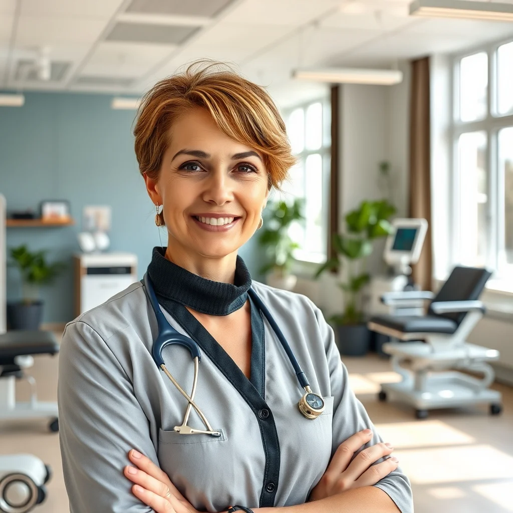 Almanya'da modern bir klinikte hastasıyla ilgilenen ergoterapist ve arka planda euro simgeleri.