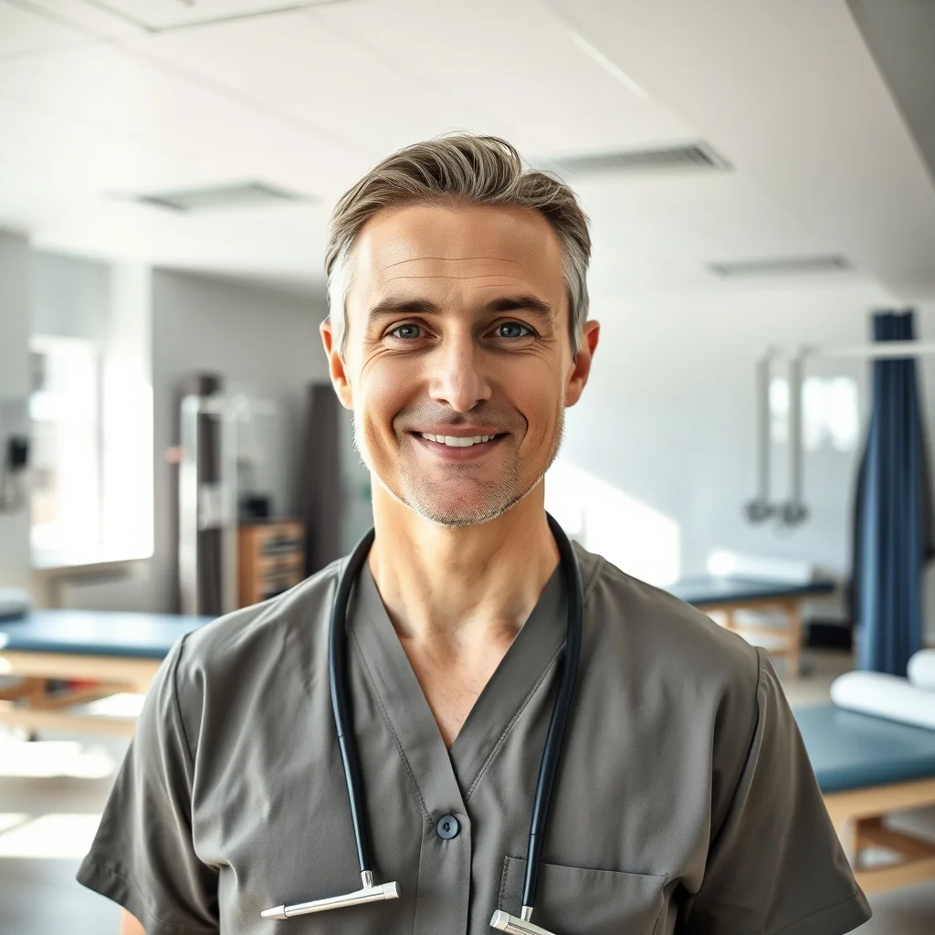 Essen kentinde modern bir klinikte hastasına fizik tedavi uygulayan profesyonel fizyoterapist.