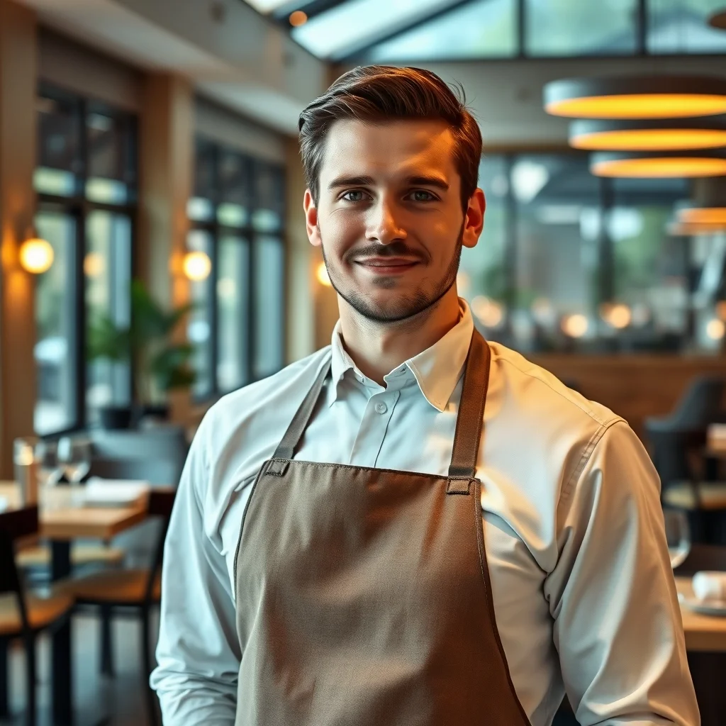 Essen kentinde bir restoranda tebessüm eden garson, tepsideki Euro bahşiş parasını tutuyor.