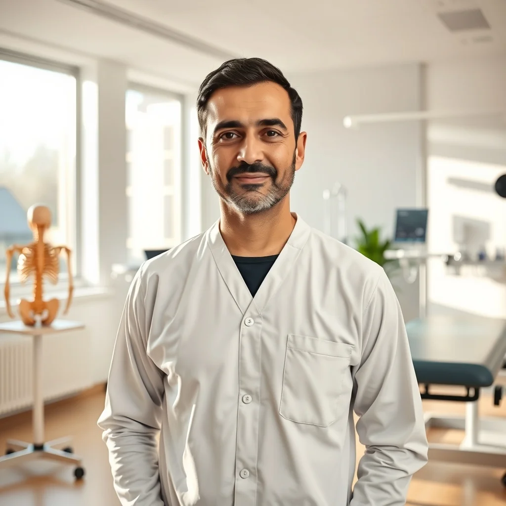 Essen'de modern kliniğinde hastasıyla ilgilenen uzman fizyoterapist, kendi merkezinde terapi uyguluyor.