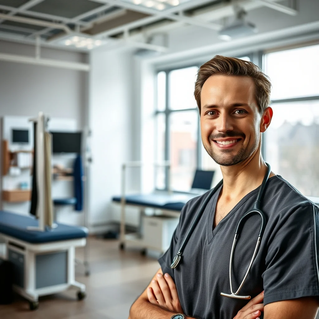 Frankfurt'ta çalışan fizyoterapist modern bir klinikte hastasına fizik tedavi uyguluyor.