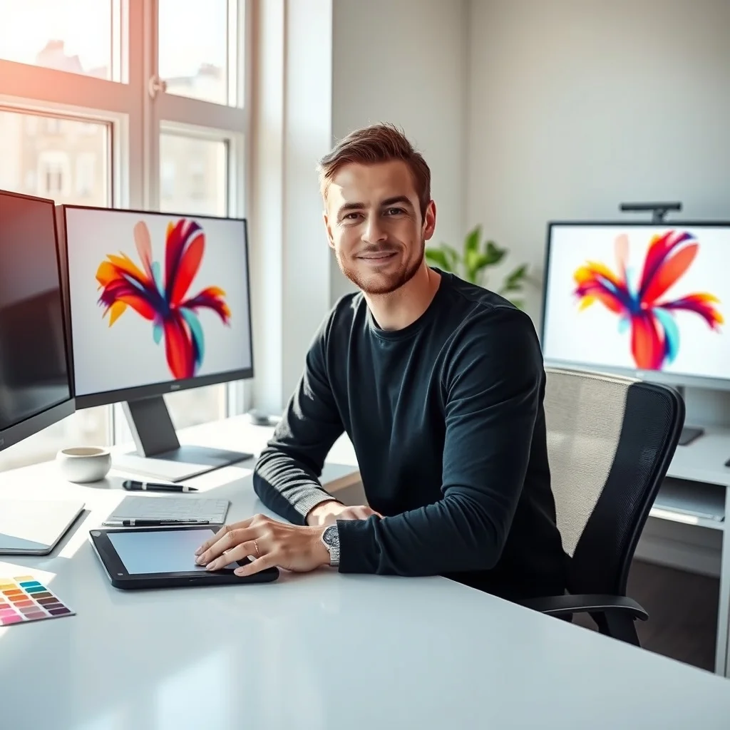 Freiburg kentinde modern bir ofiste bilgisayar başında çalışan grafik tasarımcı ve gelir grafikleri.