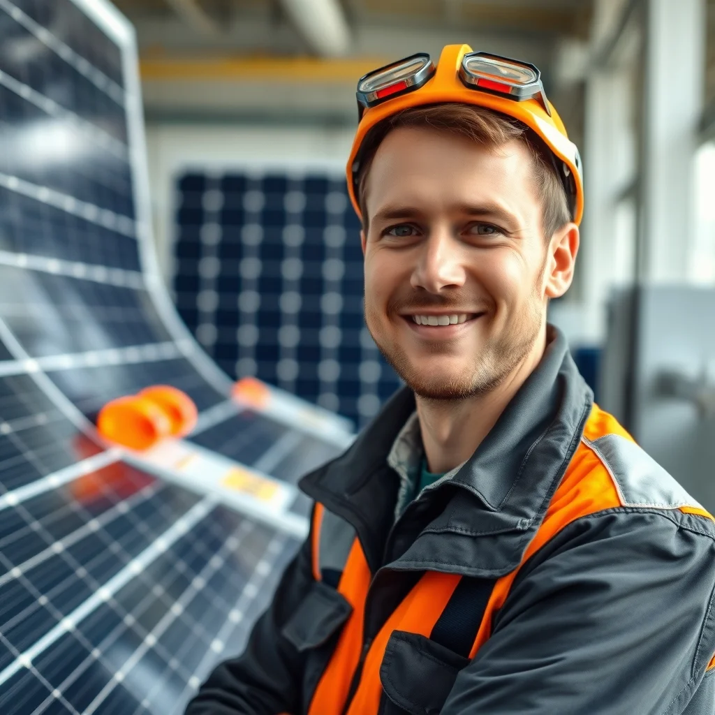 Almanya'da çatıdaki güneş panellerini monte eden uzman bir güneş enerjisi teknisyeni.