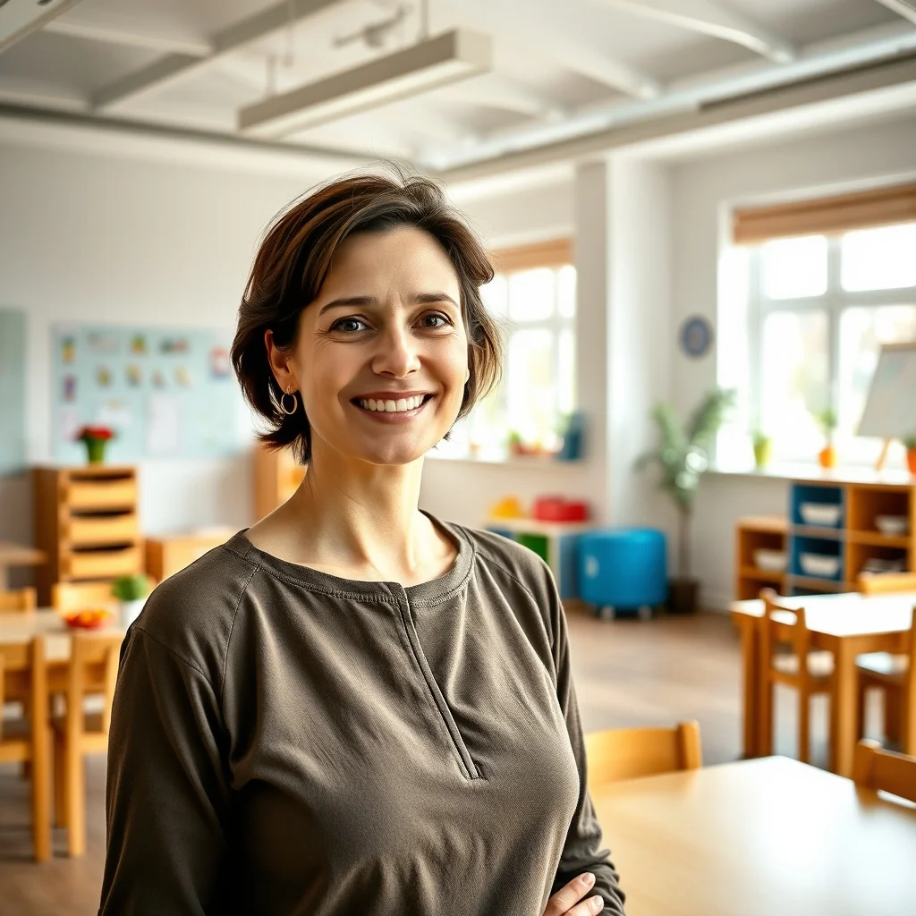 Hamburg'da bir kreşte çocuklarla etkinlik yapan anasınıfı öğretmeni güler yüzle ders anlatıyor.