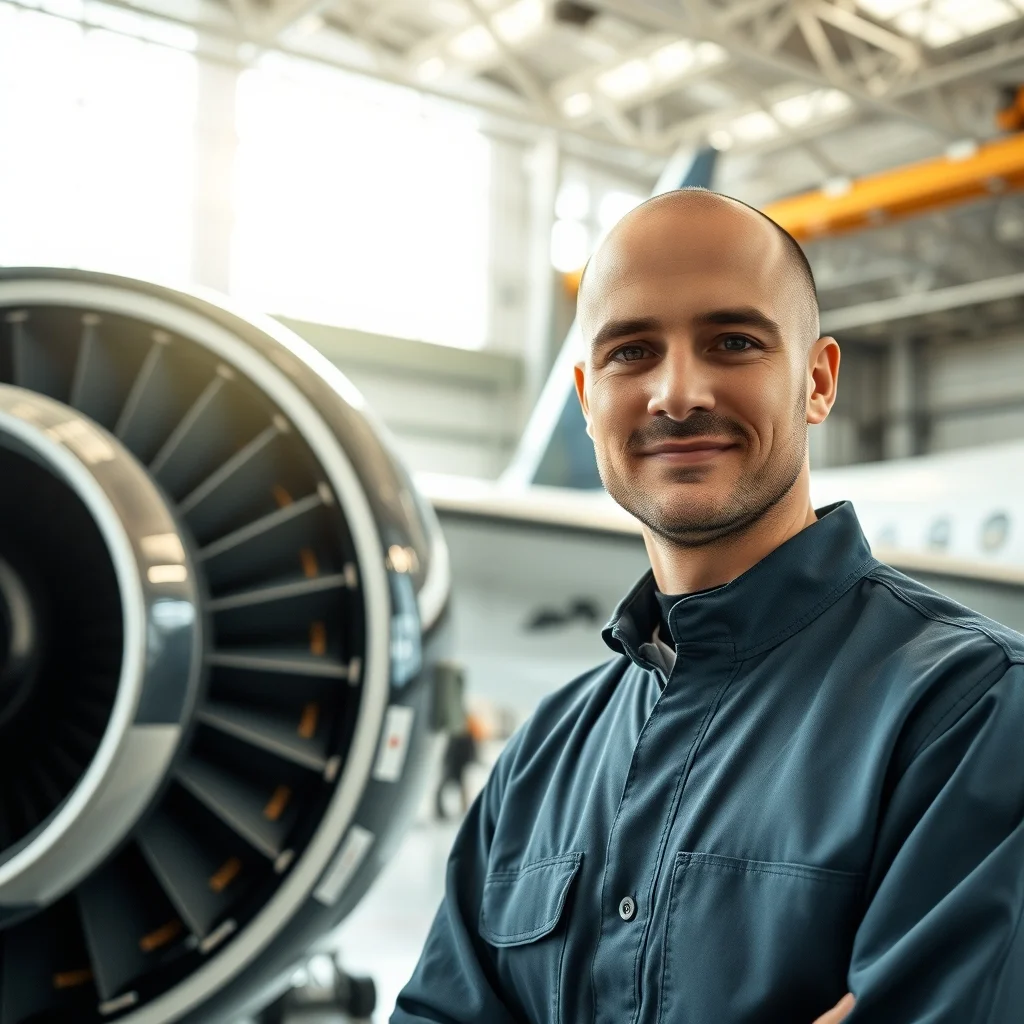 Hannover havalimanı hangarında dev uçağın motorunu inceleyen uzman uçak teknisyeni elindeki aletle çalışıyor.