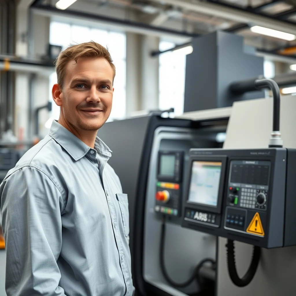 Hannover şehrinde modern bir fabrikada CNC tezgahını kontrol eden uzman makine operatörü.