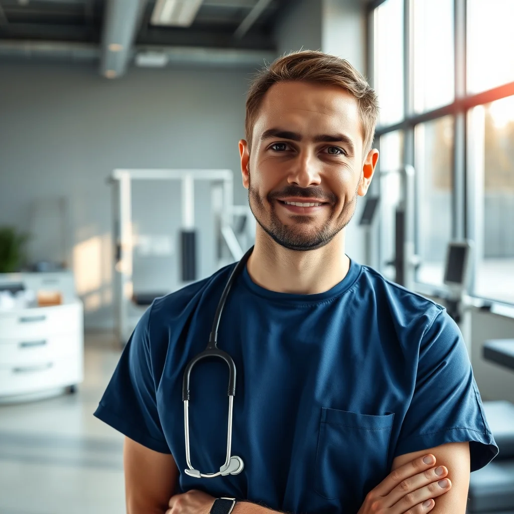 Heidelberg kentinde modern bir klinikte hastasına tedavi uygulayan fizyoterapist ve sağlık ekipmanları.