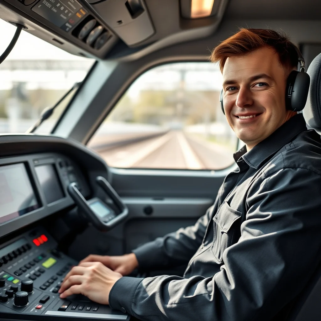 Modern bir trende görev yapan Kassel'de tren makinisti, kokpitteki kontrol paneli önünde sürüş yaparken.