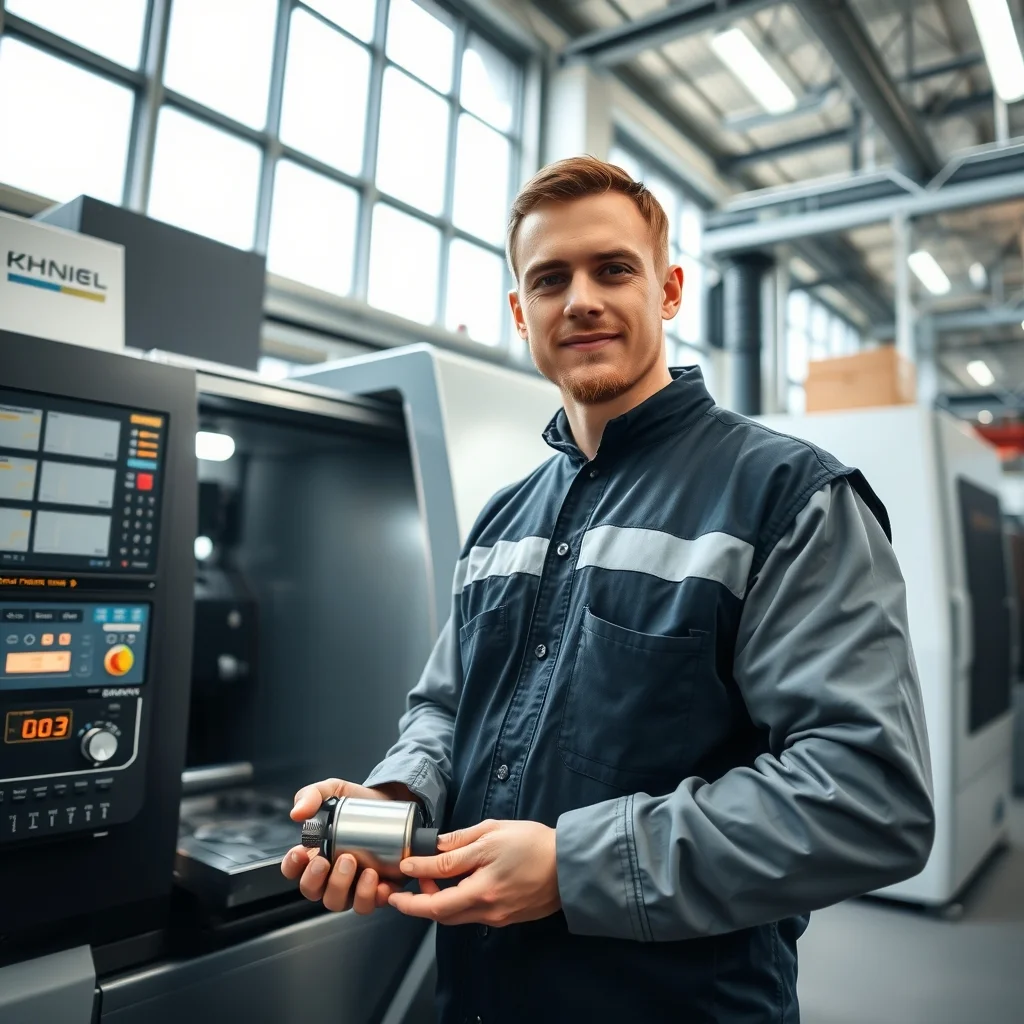 Köln kentinde modern bir fabrikada CNC tezgahını dikkatle kontrol eden erkek operatör.
