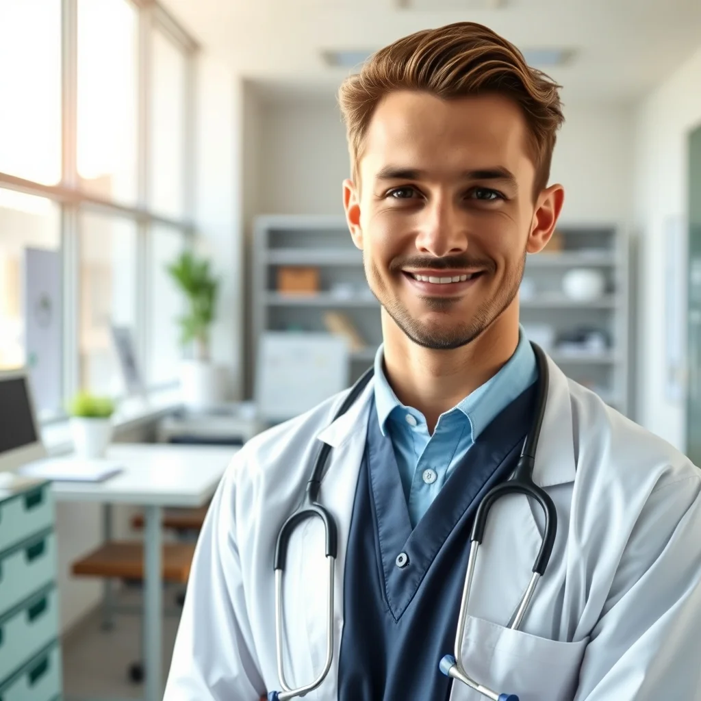 Köln'de modern bir klinikte stetoskopuyla duran erkek pratisyen hekim maaşı ve çalışma koşullarını simgeleyen görsel.
