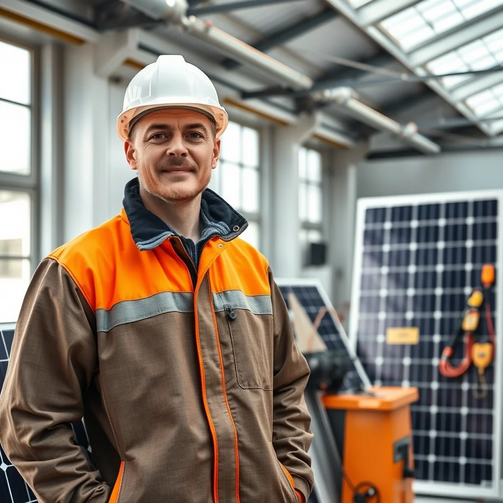 Köln'de çatı üstünde güneş paneli kurulumu yapan bir güneş enerjisi teknisyeni görülüyor.