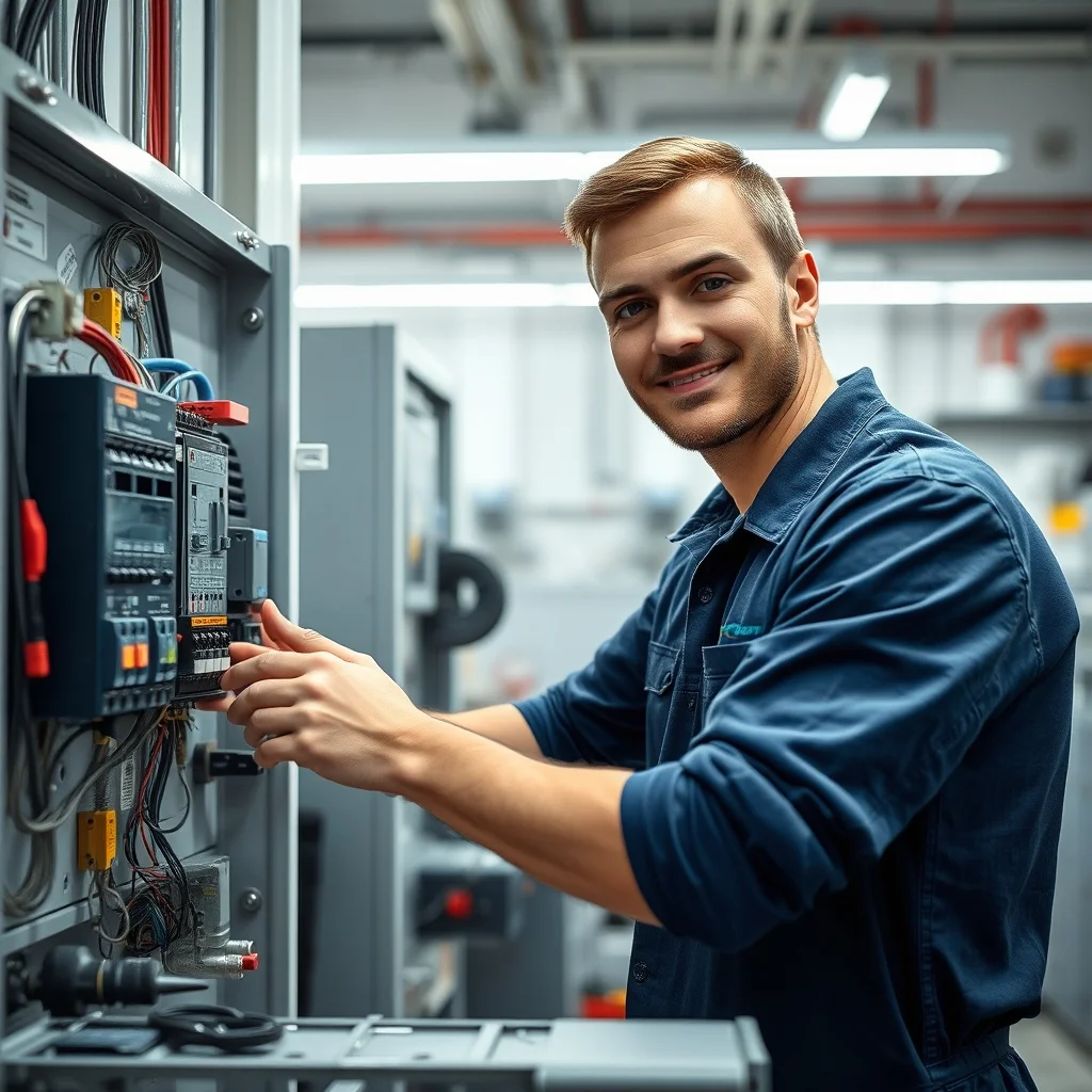 Leipzig kentinde elektrik panosunu kontrol eden koruyucu kasklı bir elektrik ustası.