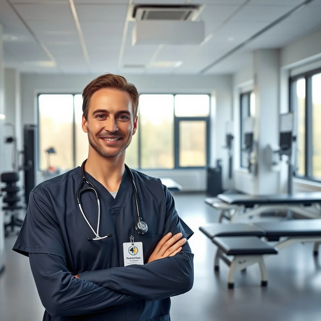 Leipzig'de modern bir klinik ortamında hastasına fizik tedavi seansı uygulayan uzman fizyoterapist.