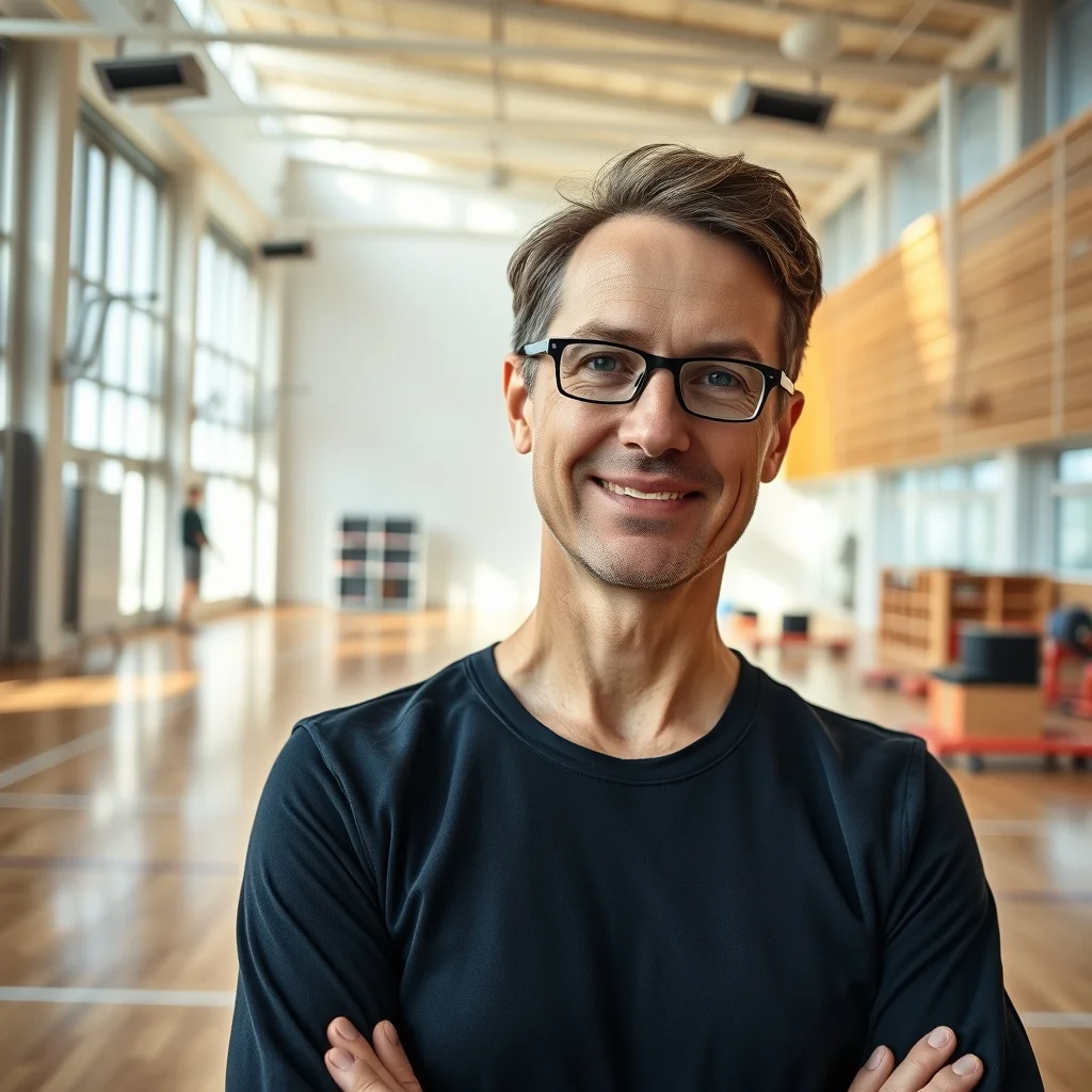 Magdeburg'da modern bir spor salonunda düdüğü ve panosuyla duran beden eğitimi öğretmeni.