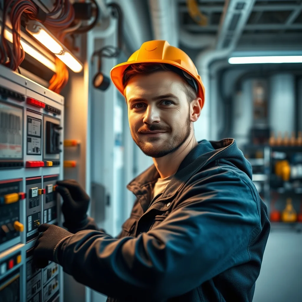 Münih şehrinde çalışan elektrikçi modern bir binada elektrik panosu tamiri ve kablo bakımı yapıyor.