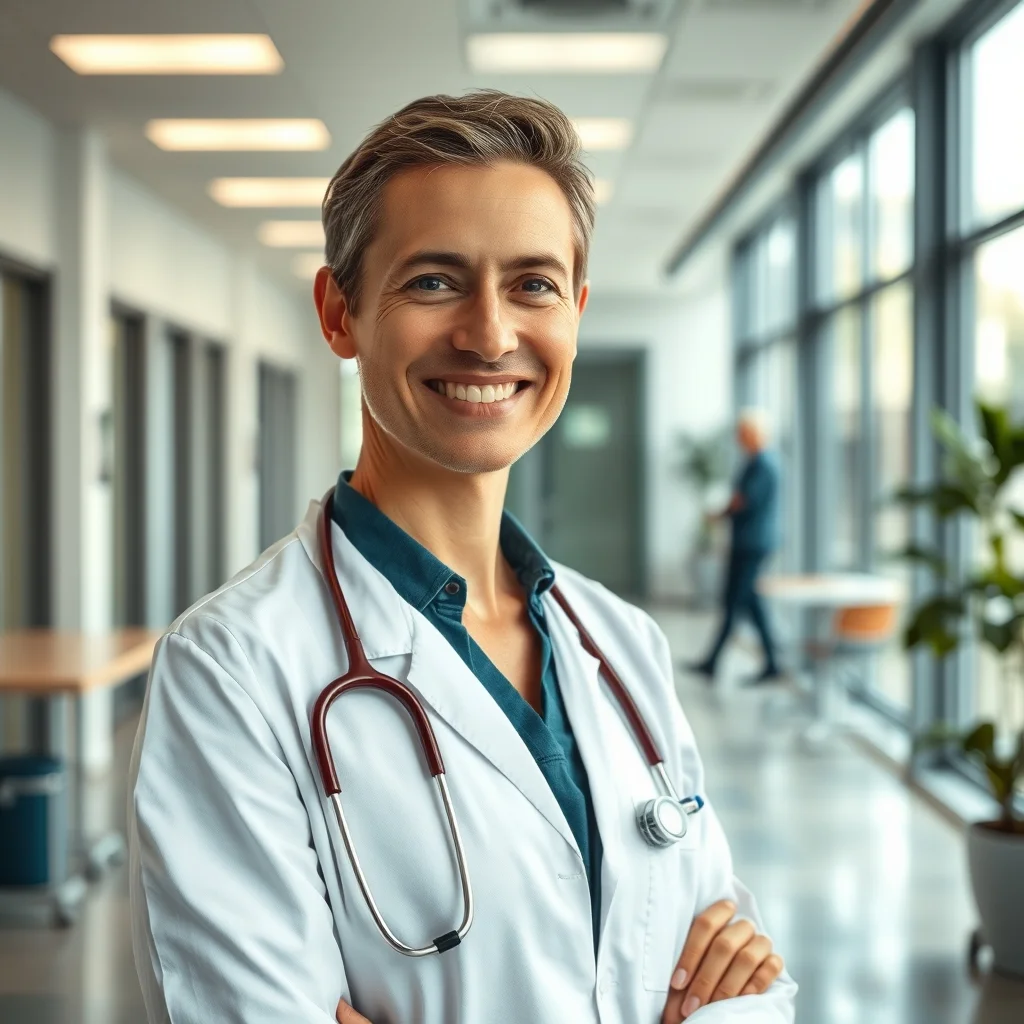 Münih'te yaşlı bakım uzmanı, modern bir klinikte tekerlekli sandalyedeki yaşlı kadınla gülümseyerek ilgileniyor.