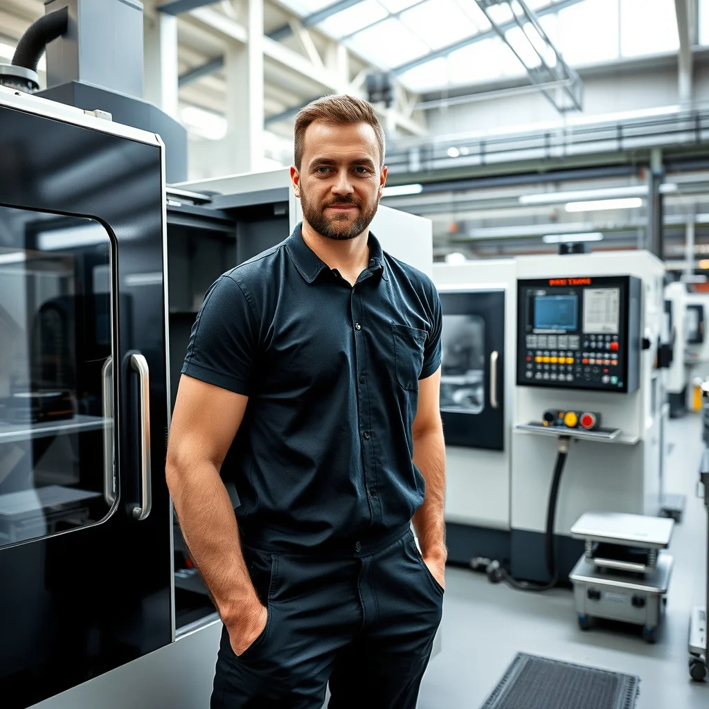 Nürnberg kentinde modern fabrikada CNC makinesi başında hassas parça işleyen uzman operatör.