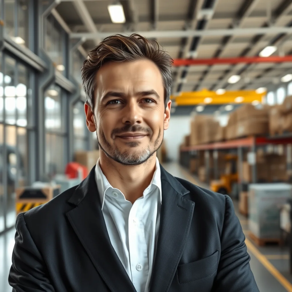 Modern bir depoda tabletle sevkiyat kontrolü yapan Nürnberg lojistik yöneticisi iş takibi yapıyor.