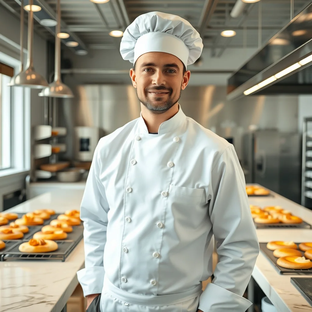 Oldenburg'da modern fırında pasta süsleyen bir pastacı ustası tezgah başında lezzetli tatlılar hazırlıyor.