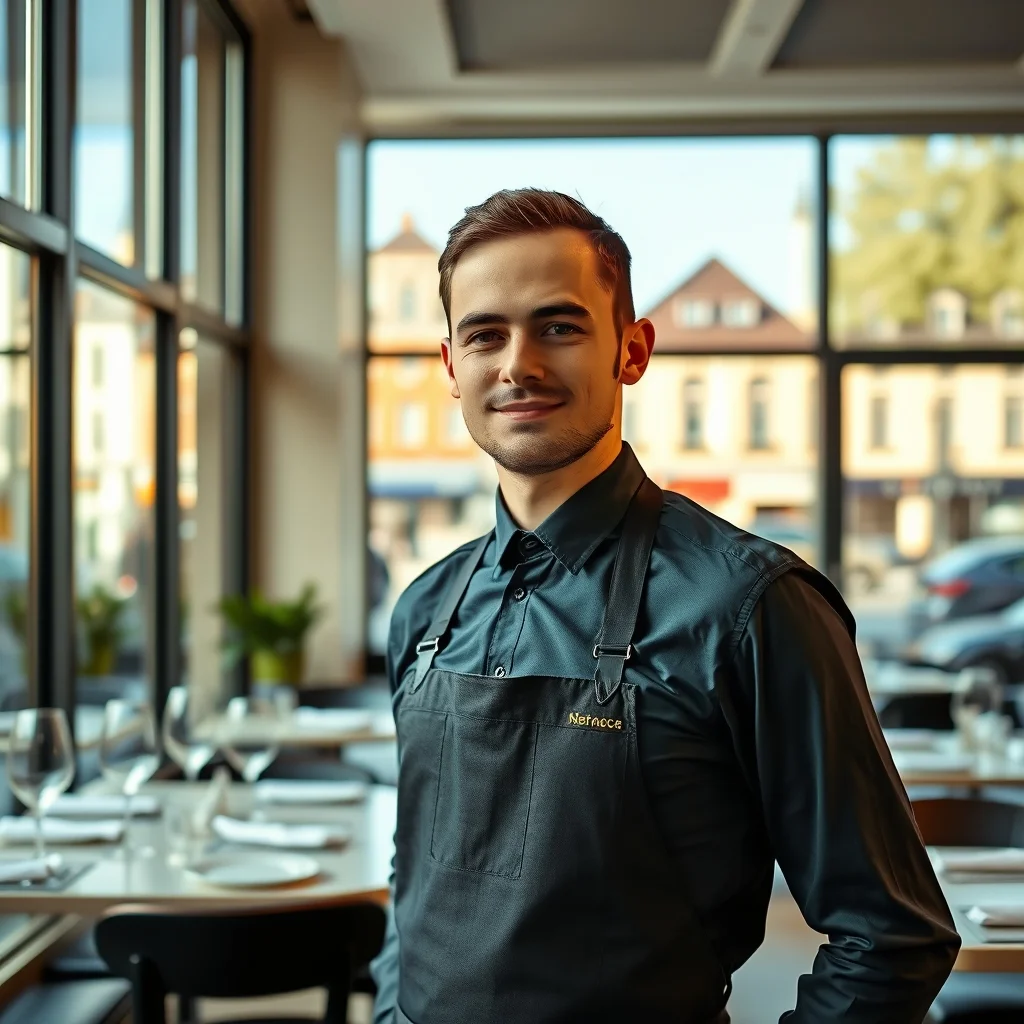 Potsdam şehrinde garsonluk yapan genç bir çalışan şık restoranda tepsiyle servis veriyor.