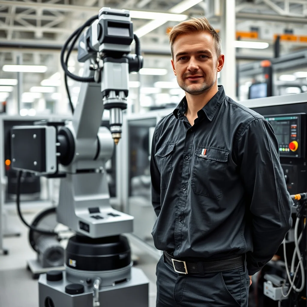Stuttgart kentinde modern bir fabrikada robotik otomasyon panelini tamir eden mekatronik teknisyeni.
