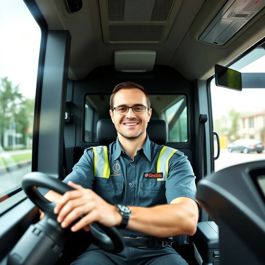 Stuttgart sokaklarında modern bir otobüs kullanan gülümseyen bir otobüs şoförü direksiyon başında.