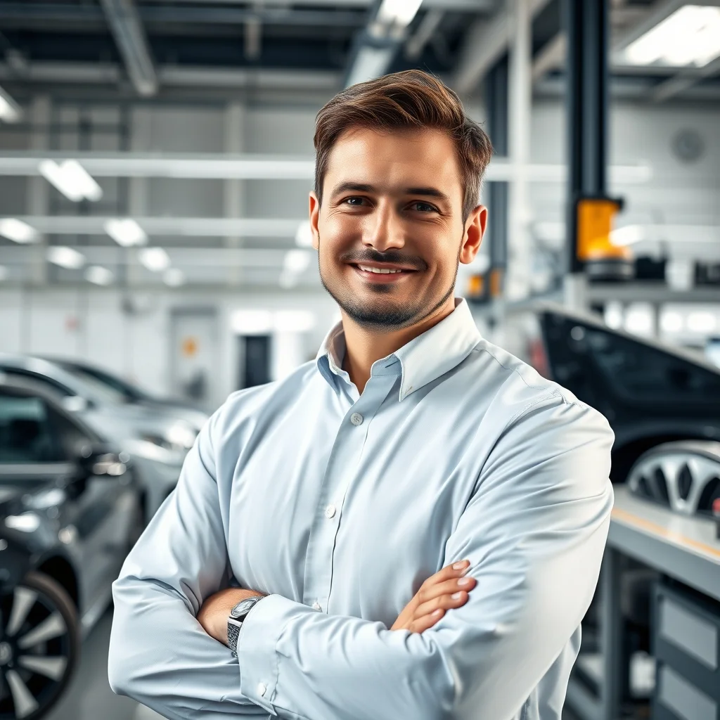 Stuttgart kentinde otomotiv mühendisi modern bir labda elektrikli araç tasarımını inceliyor.