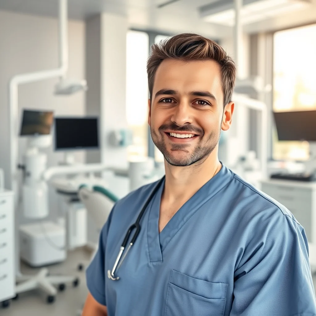 Stuttgart'ta modern bir klinikte diş hekimliği yapan uzman doktor hastasını tedavi ederken.