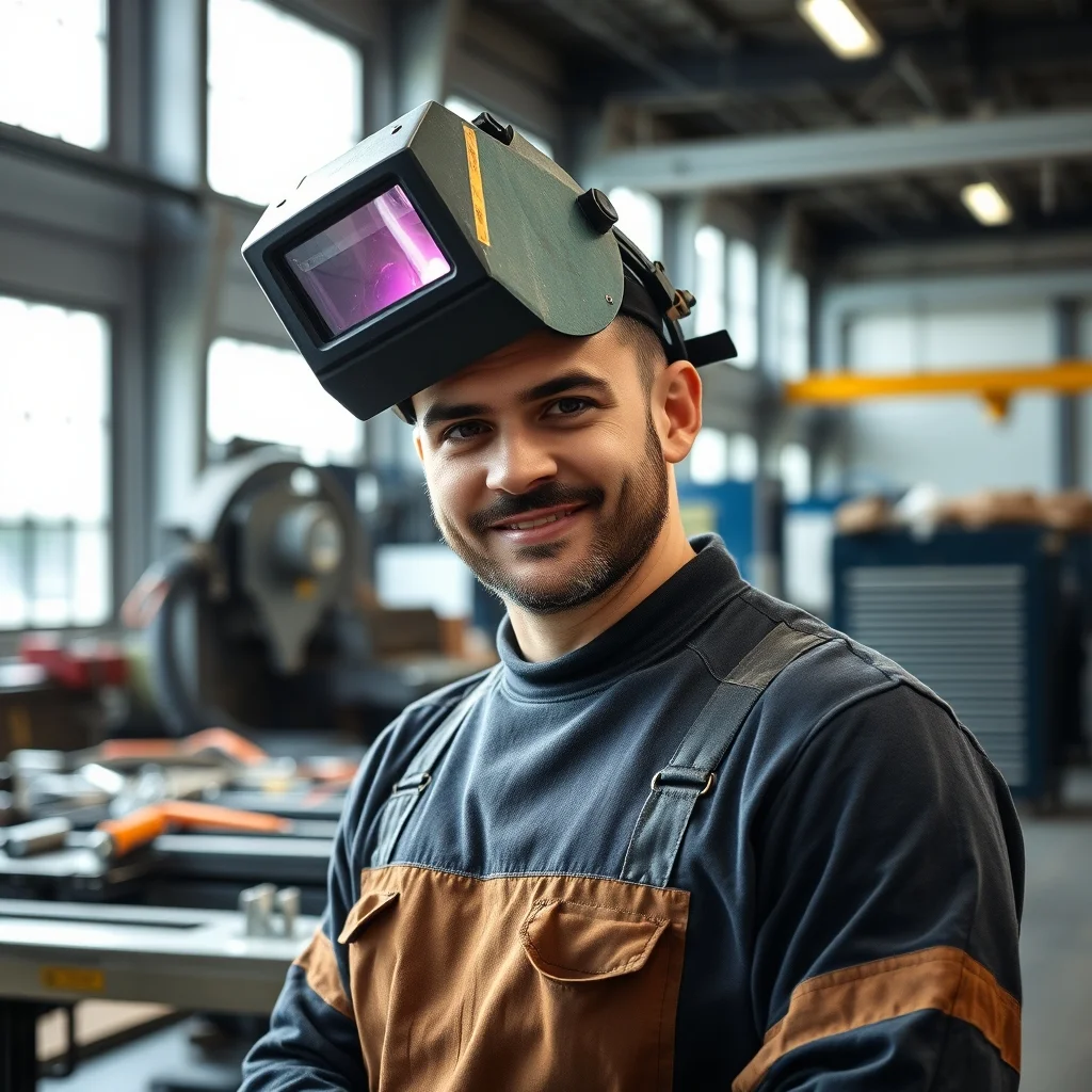 Stuttgart’ta sanayi atölyesinde koruyucu maskesiyle metal birleştiren profesyonel bir gazaltı kaynakçısı.