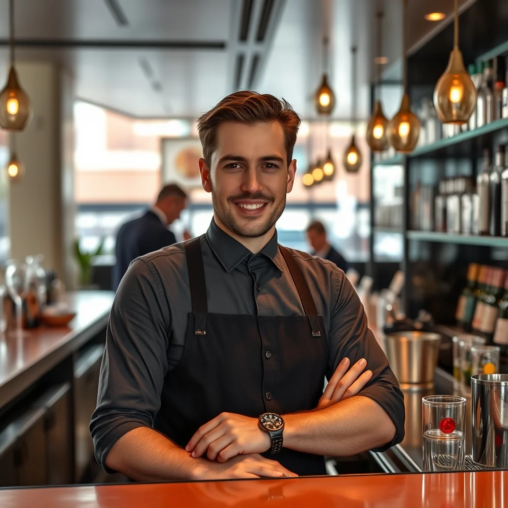Frankfurt şehrinde lüks bir barda kokteyl hazırlayan erkek barmen, aylık çalışma temposunu sergiliyor.