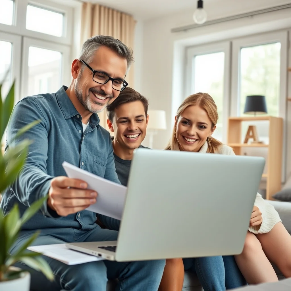 Almanya'da aile için kiralık ev arayan mutlu bir çift modern daire önünde anahtar tutuyor.