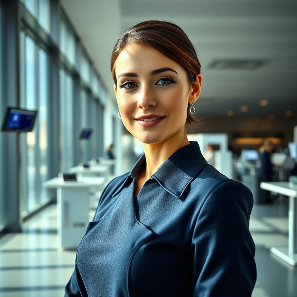 Münih'te kabin memuru olarak görev yapan kadın uçuş görevlisinin havalimanı terminalindeki duruşu.