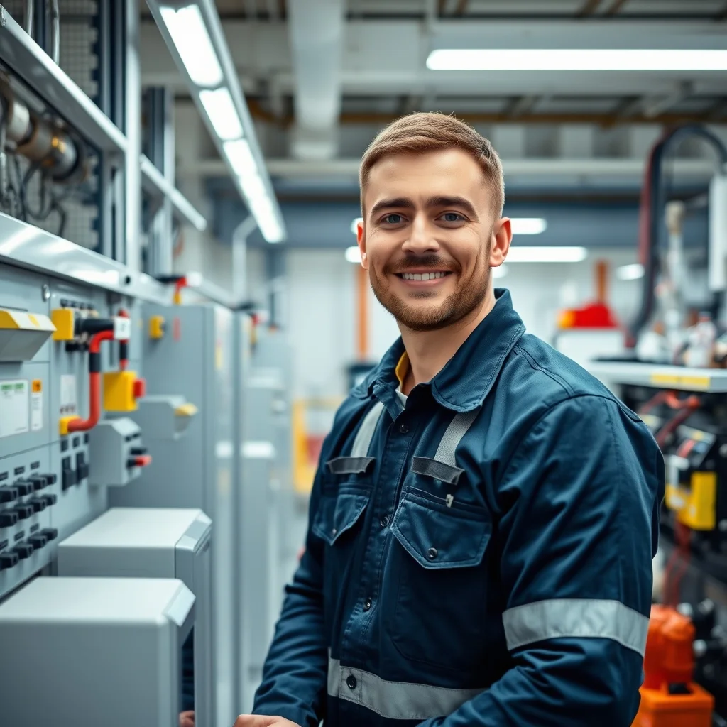 Nürnberg'de modern bir panoda çalışan elektrik teknisyeni ve teknik ekipmanlar görülüyor.