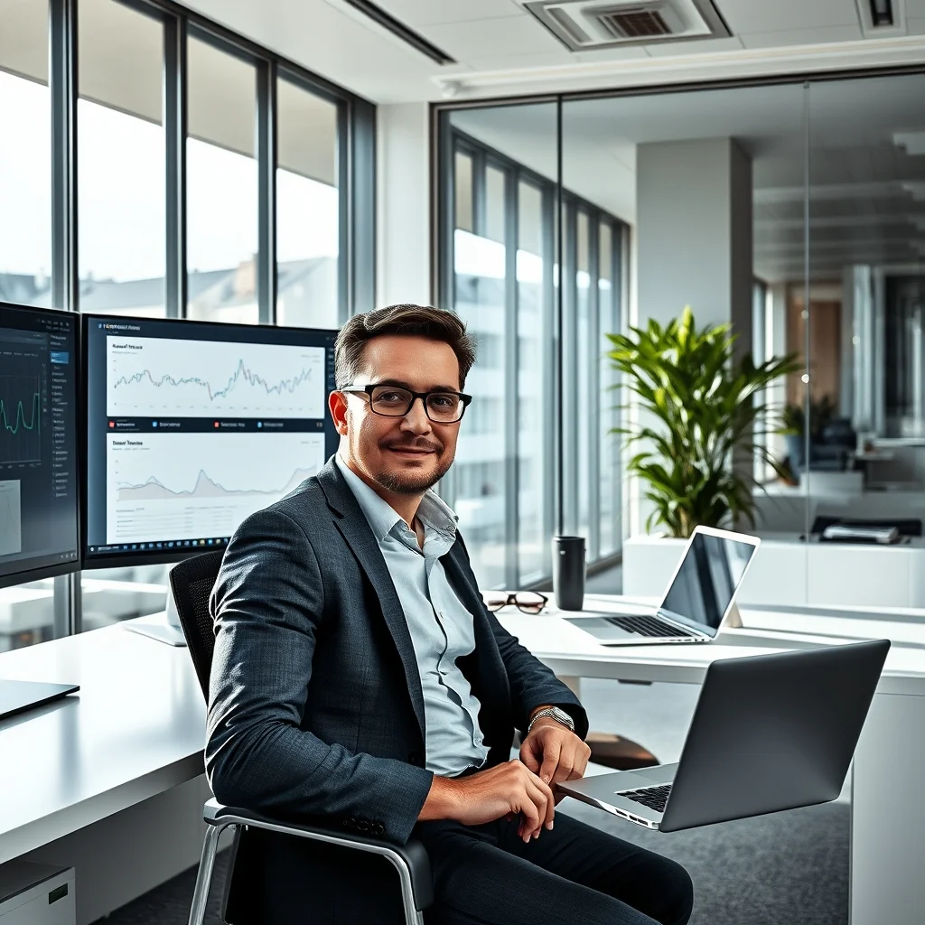 Stuttgart'ta modern bir ofiste masasında finansal raporları ve hesap makinesini inceleyen uzman muhasebeci.